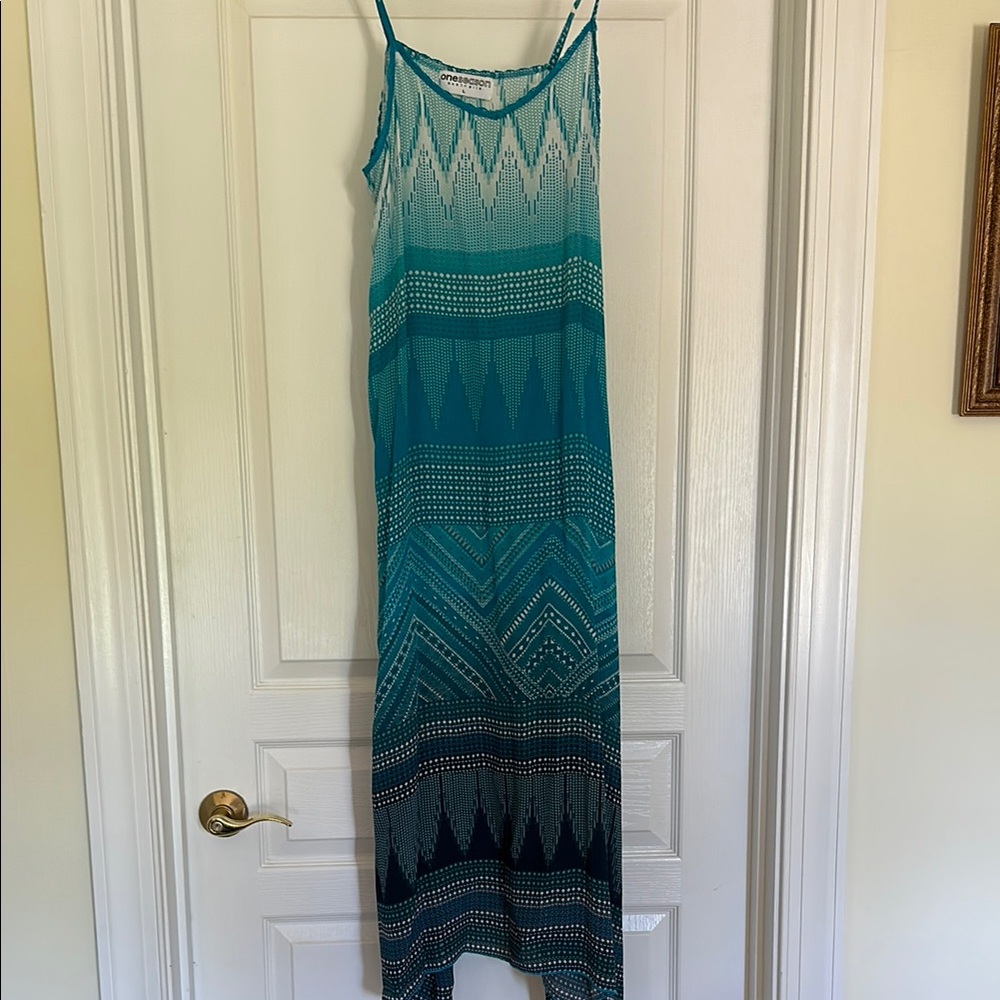 Turquoise and White Sleeveless Spaghetti Strap Sundress